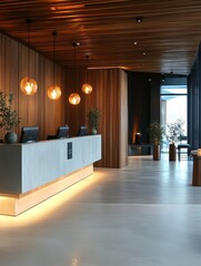 Modern hotel lobby with minimalist design and warm lighting