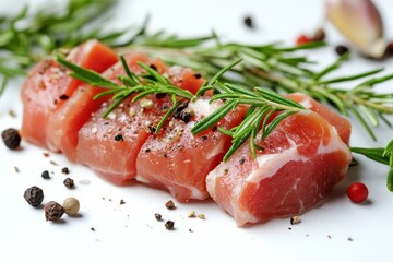 Fresh Raw Pork Tenderloin with Rosemary and Spices on White Background for Culinary Art