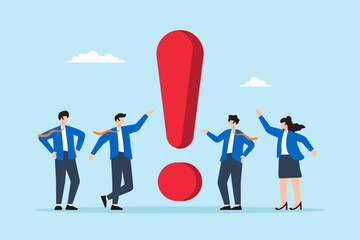 Flat illustration of business people think around giant exclamation mark symbolizing critical problem requiring attention