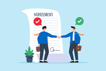Flat illustration of businessman and partner shaking hand after signing business agreement document symbolizing successful deal