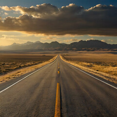 "A breathtaking landscape with a long, endless road stretching straight into the horizon. The road is surrounded by vast open plains, transitioning into distant