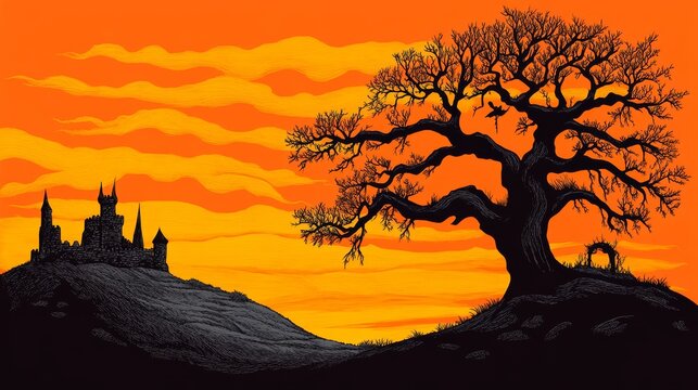 Silhouette of a castle and a large tree against a vibrant orange sunset. Halloween vibes.