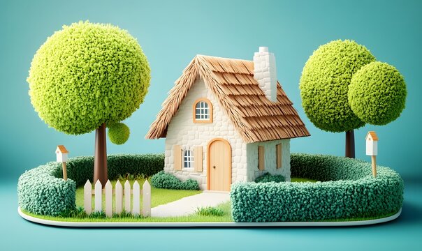 Cute cottage, green garden, pastel background, homeownership concept, ideal for real estate ads