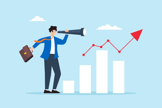 Flat illustration of businessman look through telescope to analyze forecast chart symbolizing leadership vision and prediction