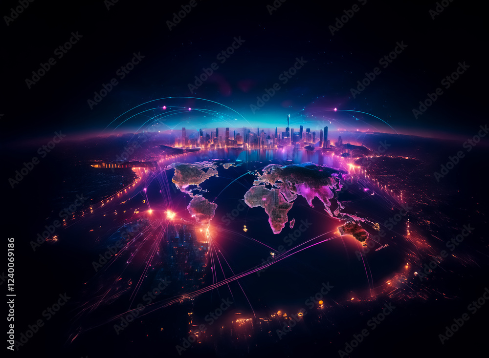 Wall mural A vibrant, stylized world map glows with interconnected cityscapes and luminous lines, symbolizing global connectivity and digital networks.  The dark background emphasizes the bright, futuristic feel