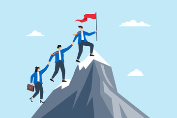 Flat illustration of businessman help colleague reach mountain top holding flag symbolizing leadership and teamwork success