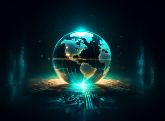 Fototapeta premium A glowing, translucent Earth hovers above a vibrant circuit board, representing global connectivity and technological advancement. The dark background enhances the orb's luminescence.