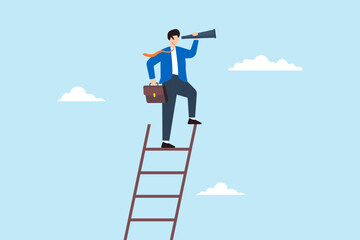Flat illustration of smart businessman climb ladder and look through telescope symbolizing visionary leadership for success