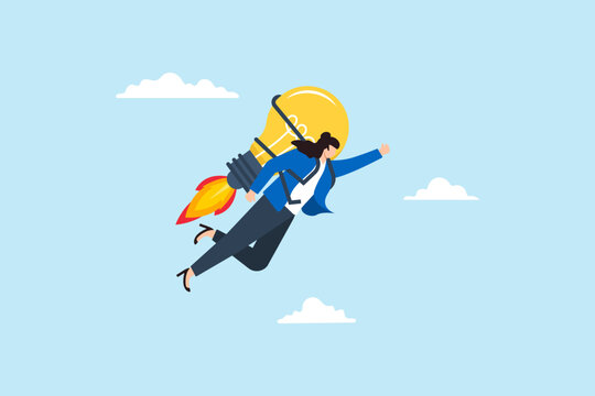 Flat illustration of confident businesswoman flying high with lightbulb jetpack symbolizing innovation and career growth