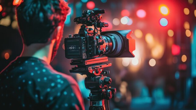 Cameraman filming concert, vibrant stage lights, audience blurred - Powered by Adobe