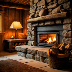 A close-up of a cozy fireplace in a hut, with glowing orange flames flickering inside a stone or brick fireplace. The fire should cast a warm glow, highlighting the rustic details of the hearth.