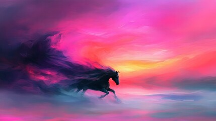 A majestic black horse gallops across a vibrant, colorful dreamscape.  The surreal scene is painted in shades of pink, purple, and orange.