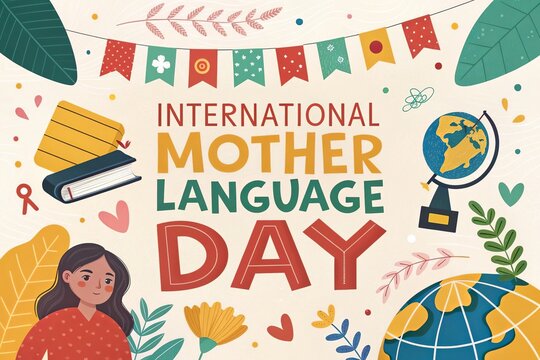 A creative International Mother Language Day poster showcasing global languages.