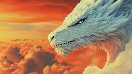 Majestic white dragon soaring above a fiery sunset, its scales gleaming. A mythical creature of power and grace.