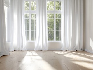 Sunlight streams through sheer curtains onto light wood floor