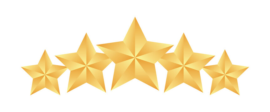golden five star rating. 5 shiny stars as symbol of best quality. rating and review of product or service. vector illustration on transparent background.