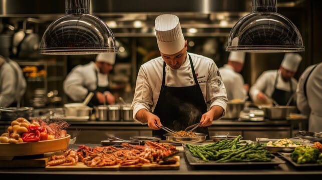 Group of chefs in the kitchen room plating different dishes on kitchen counter top