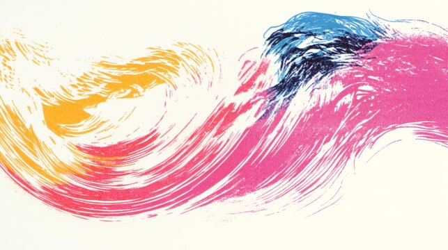 Vibrant abstract artwork featuring swirling strokes of pink, orange, and blue paint on a white background. Dynamic and energetic.