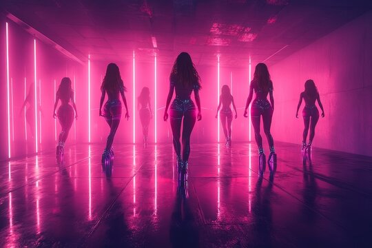 Women roller skating neon pink club