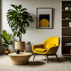 A collection of yellow modern furniture items, including a sofa, chair, planter, table, and lamp, all isolated on a transparent background. The sofa should have sleek lines with bold yellow.