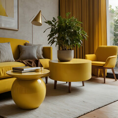 A collection of yellow modern furniture items, including a sofa, chair, planter, table, and lamp, all isolated on a transparent background. The sofa should have sleek lines with bold yellow.