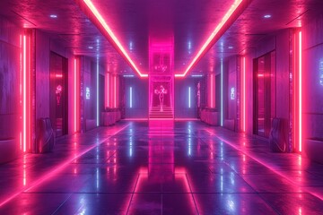 Fototapeta premium Neon-lit futuristic hallway, reflective floor, pink & blue lighting, sci-fi background, ideal for gaming