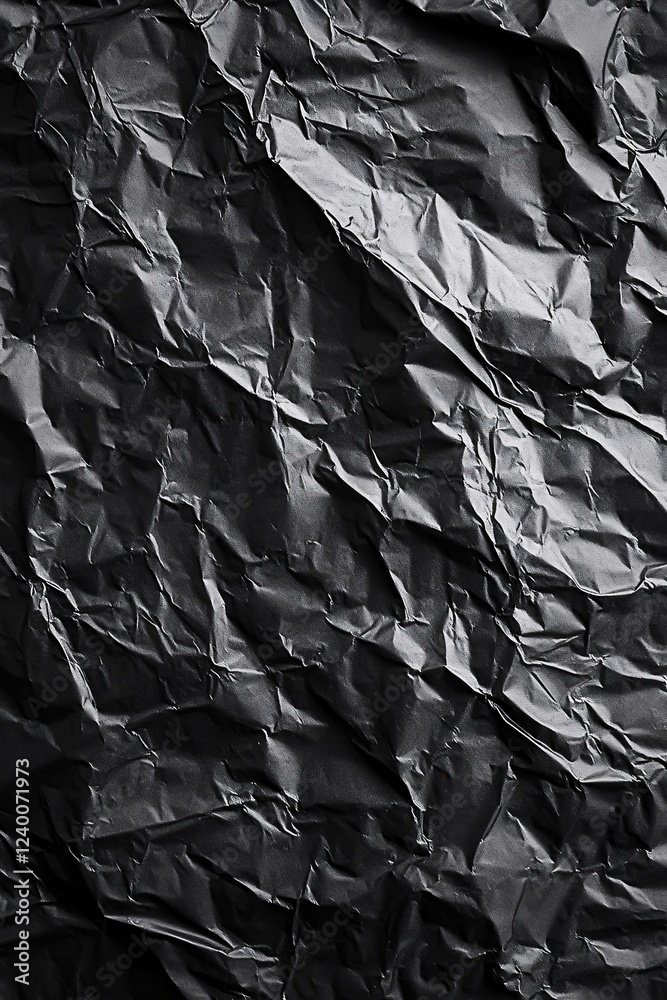 Poster dark crumpled paper texture with dramatic shadows creating abstract shapes and patterns