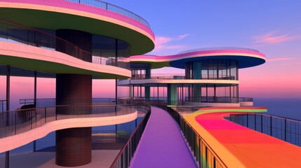 Fototapeta premium Vibrant colorful architecture with a breathtaking ocean view at sunset. A modern design with curved lines and pastel shades.