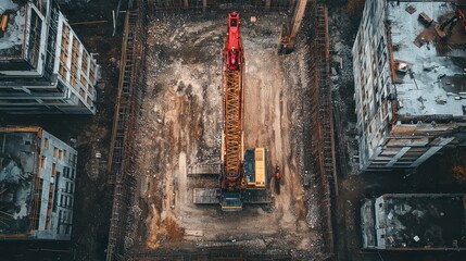 Aerial view of construction site with excavator.