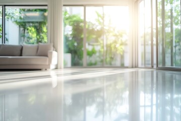Fototapeta premium Living room interior with a white sofa and a window overlooking the garden
