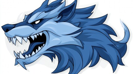 Aggressive blue wolf head illustration, fierce and stylized.