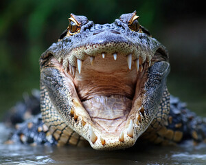 Obraz premium Close-Up Photograph of Aggressive Crocodile with Open Mouth, Perfect for Wildlife Conservation and Nature Documentaries