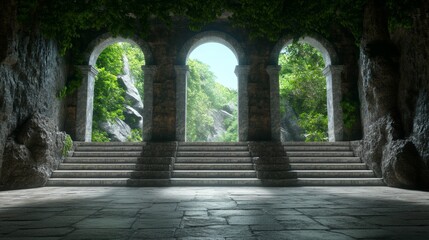 Fototapeta premium Serene stone archway leads to lush greenery. Sunlight filters through the foliage, casting an ethereal glow.