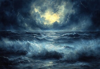 Fototapeta premium Dramatic Stormy Ocean Waves with Lightning and Thunder