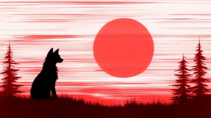 Silhouette of a dog sitting in a field, watching a large red sun set behind the trees.
