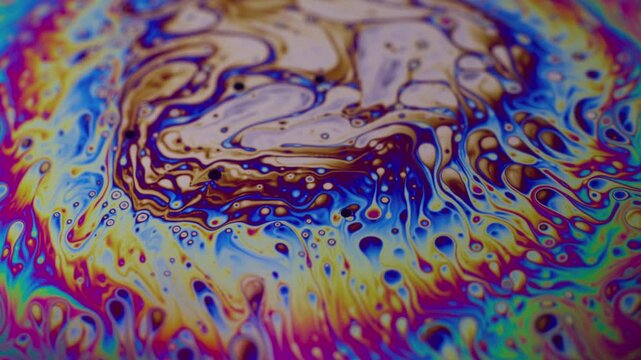Psychedelic abstract background. Swirls soap bubble. Defocused purple green color liquid oil paint curve acrylic slick on dark black blurred light art.