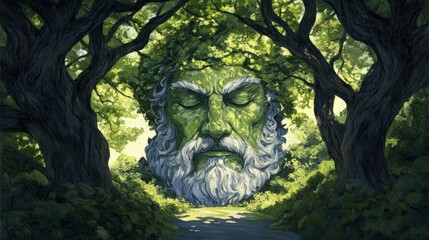 A serene painting of a wise, old man's face formed by lush green foliage, framed by ancient trees. Tranquil nature scene.