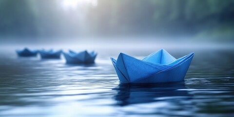 Fototapeta premium Blue Paper Boat Leading White Paper Boats in Direction of Success and Innovation