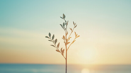 Sunrise Sprig: A delicate sprig of leaves silhouetted against a vibrant sunrise over a tranquil sea, conveying a sense of hope, new beginnings, and serenity. 