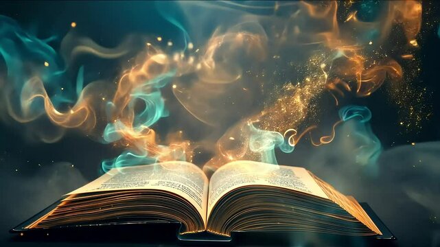 Enchanted book unleashes mystical energy with ethereal smoke and sparkling magic in a captivating visual journey