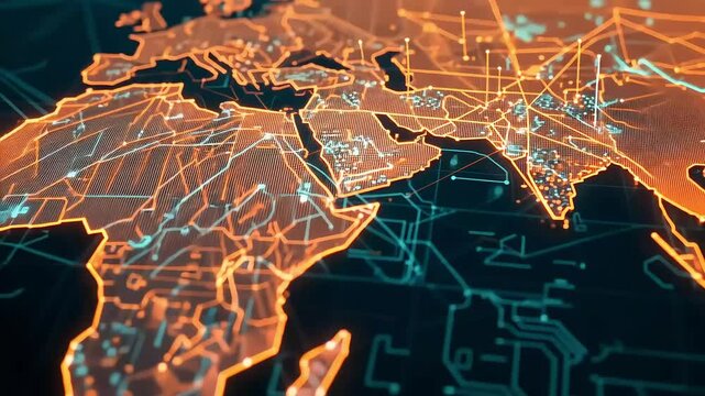 Global connectivity: high-tech digital network visualization of europe, africa, and asia