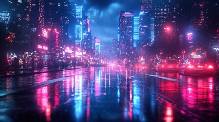 Obraz premium Futuristic Cyberpunk Cityscape with Luminous Skyscrapers Neon Lights and Digital Patterns at Night