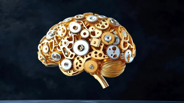 Futuristic golden mechanical brain animation: metaphor for innovation and technology advancements