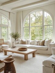 Serene Living Room with Large Arch Windows and Neutral Decor