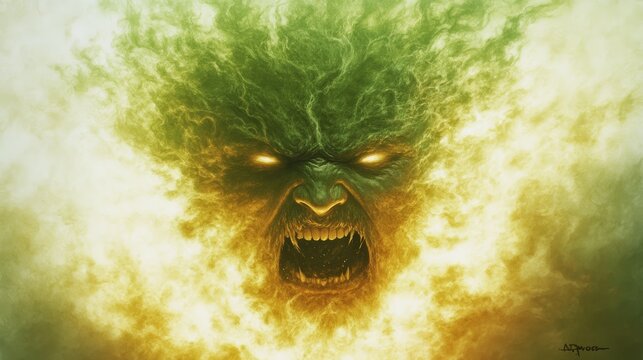 A terrifying visage emerges from fiery, green flames, its menacing expression and sharp teeth creating a haunting image.