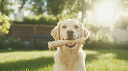 Golden Retriever with Bone: A cheerful golden retriever sits proudly in a sun-drenched garden, happily holding a large bone in its mouth.  The image captures the joy and innocence of a beloved pet. 
