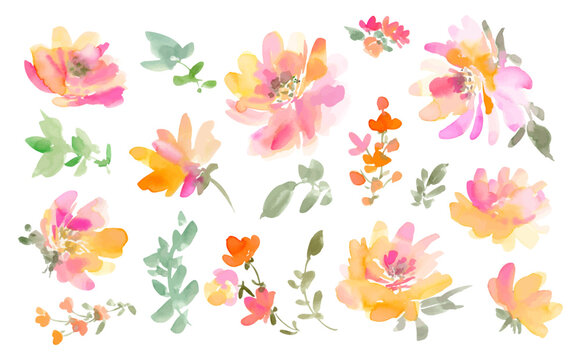 Watercolor floral clipart set with hand painted abstract Pink and orange Peonies, Wildflowers, and Leaves. Vector files. Floral Illustrations for Spring with transparent background.
