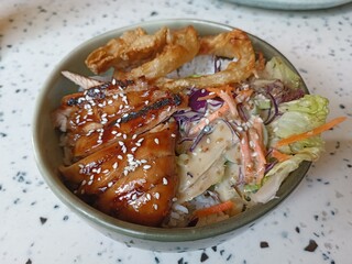 chicken with rice and salad ,top side view