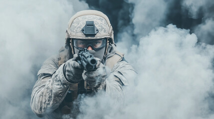 Obraz premium Soldier in Smoke: A camouflaged soldier emerges from a thick cloud of smoke, rifle aimed with unwavering focus, creating a dramatic and intense image.