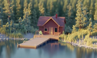 Obraz premium Lakeside cabin, sunset, forest, peaceful retreat, nature escape